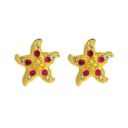 1 Pair Vacation Beach Starfish Inlay Alloy Rhinestones Gold Plated Ear Studs