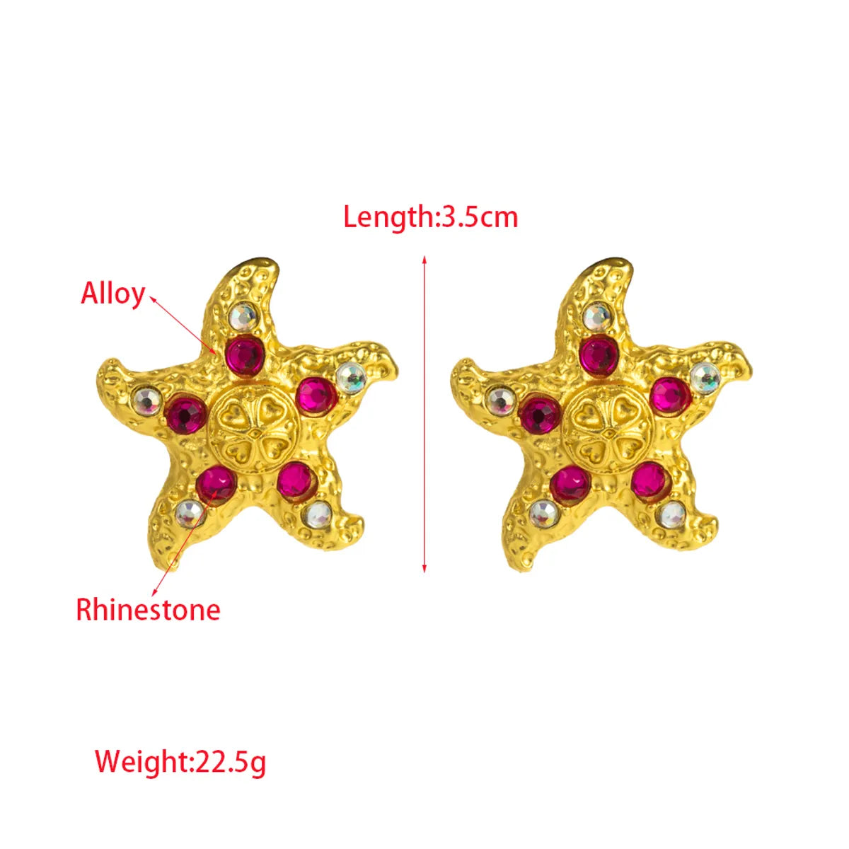 1 Pair Vacation Beach Starfish Inlay Alloy Rhinestones Gold Plated Ear Studs