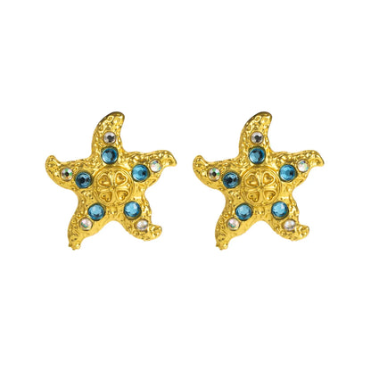 1 Pair Vacation Beach Starfish Inlay Alloy Rhinestones Gold Plated Ear Studs