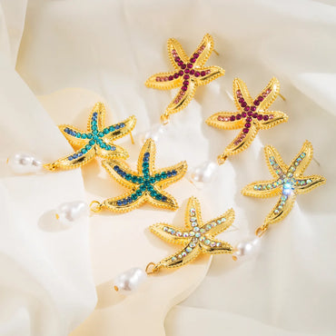 1 Pair Vacation Beach Starfish Plating Inlay Alloy Rhinestones Pearl Drop Earrings