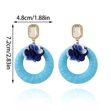 1 Pair Vacation Beach Tropical Round Flower Inlay Alloy Raffia Rhinestones Drop Earrings