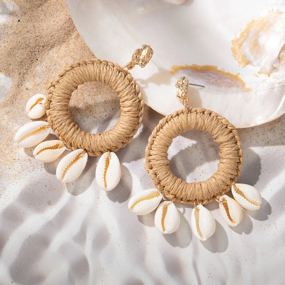 1 Pair Vacation Bohemian Beach Round Shell Braid Alloy Shell Drop Earrings