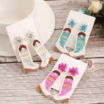 1 Pair Vacation Bohemian Boots Beaded Embroidery Inlay Cloth Glass Drop Earrings