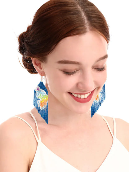 1 Pair Vacation Bohemian Butterfly Beaded Tassel Seed Bead Drop Earrings