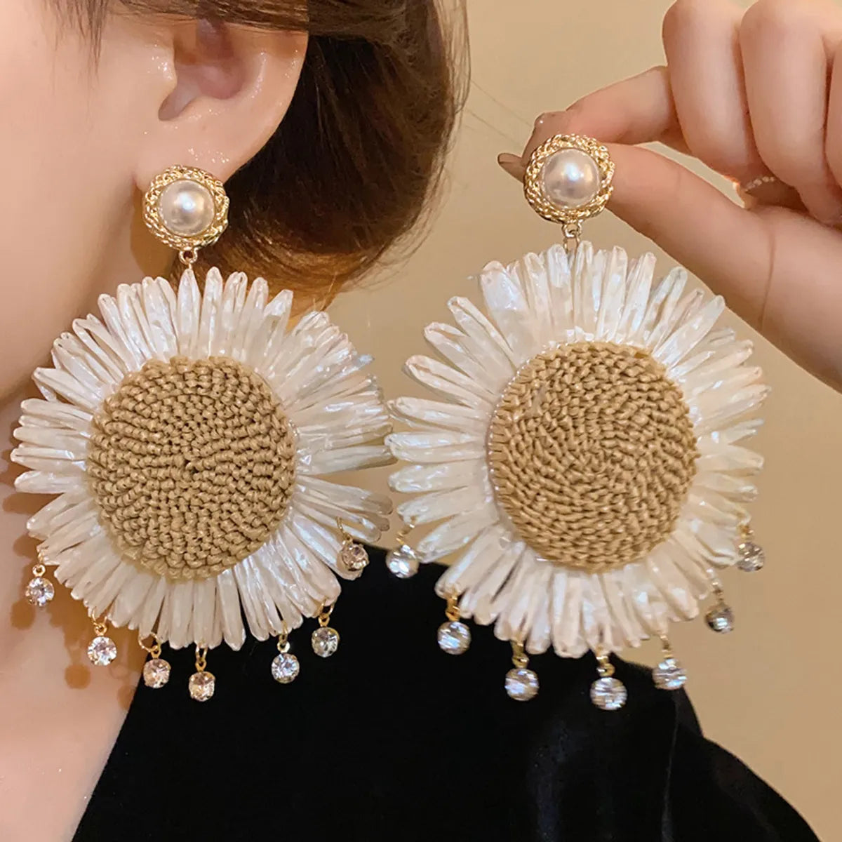 1 Pair Vacation Bohemian Flower Braid Inlay Alloy Imitation Pearl Rhinestones Wild Vetch Drop Earrings