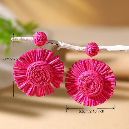 1 Pair Vacation Bohemian Flower Braid Straw Rattan Drop Earrings