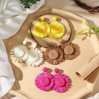 1 Pair Vacation Bohemian Flower Braid Straw Rattan Drop Earrings