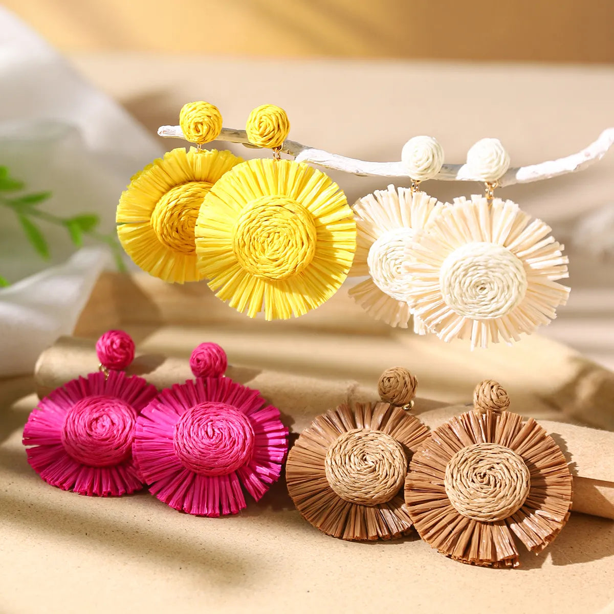 1 Pair Vacation Bohemian Flower Braid Straw Rattan Drop Earrings