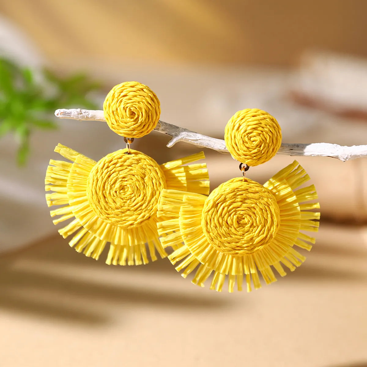 1 Pair Vacation Bohemian Geometric Braid Straw Rattan Drop Earrings