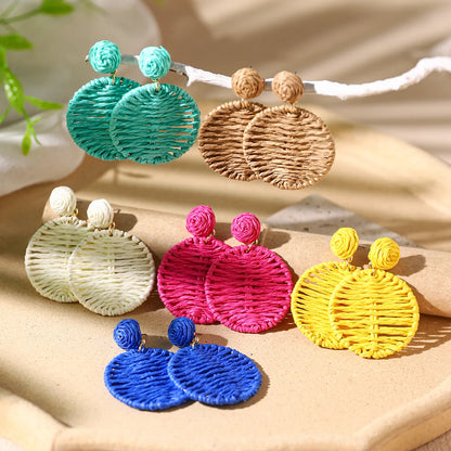 1 Pair Vacation Bohemian Round Braid Straw Rattan Drop Earrings