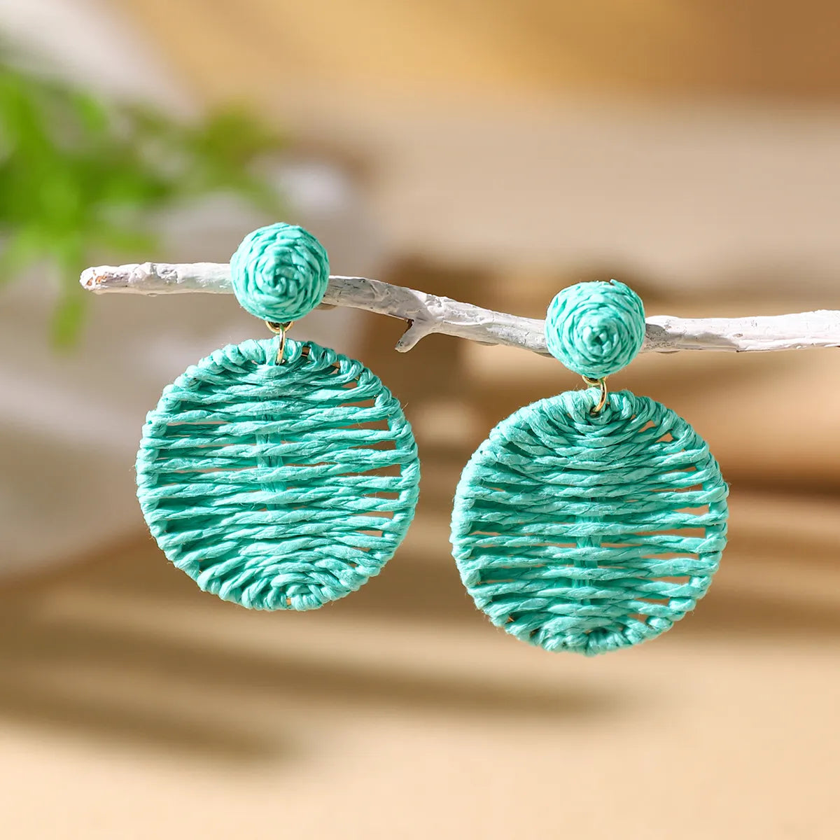 1 Pair Vacation Bohemian Round Braid Straw Rattan Drop Earrings