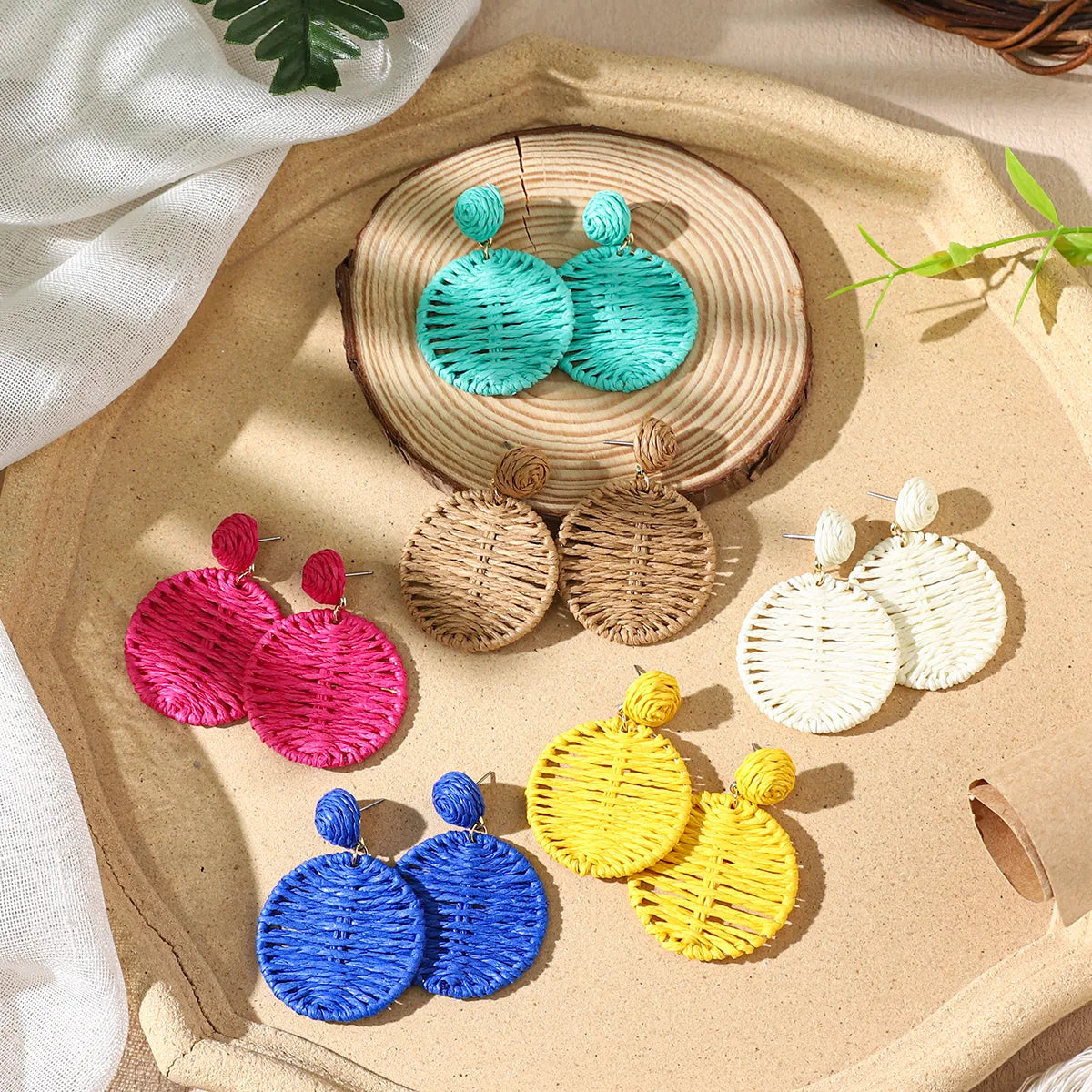 1 Pair Vacation Bohemian Round Braid Straw Rattan Drop Earrings