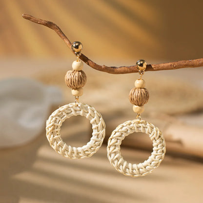 1 Pair Vacation Bohemian Round Square Water Droplets Braid Hollow Out Straw Rattan Drop Earrings