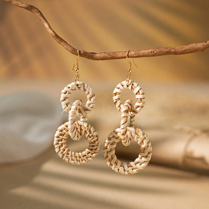 1 Pair Vacation Bohemian Round Square Water Droplets Braid Hollow Out Straw Rattan Drop Earrings