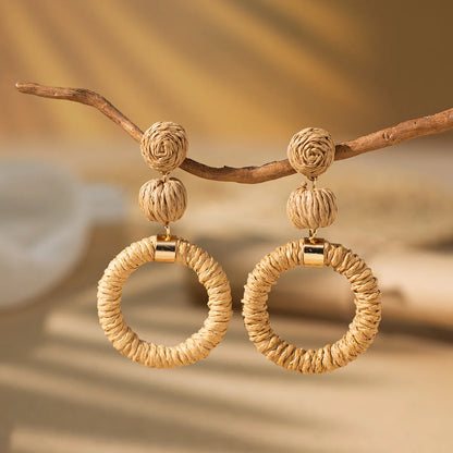 1 Pair Vacation Bohemian Round Square Water Droplets Braid Hollow Out Straw Rattan Drop Earrings