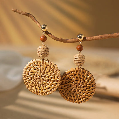 1 Pair Vacation Bohemian Round Square Water Droplets Braid Hollow Out Straw Rattan Drop Earrings