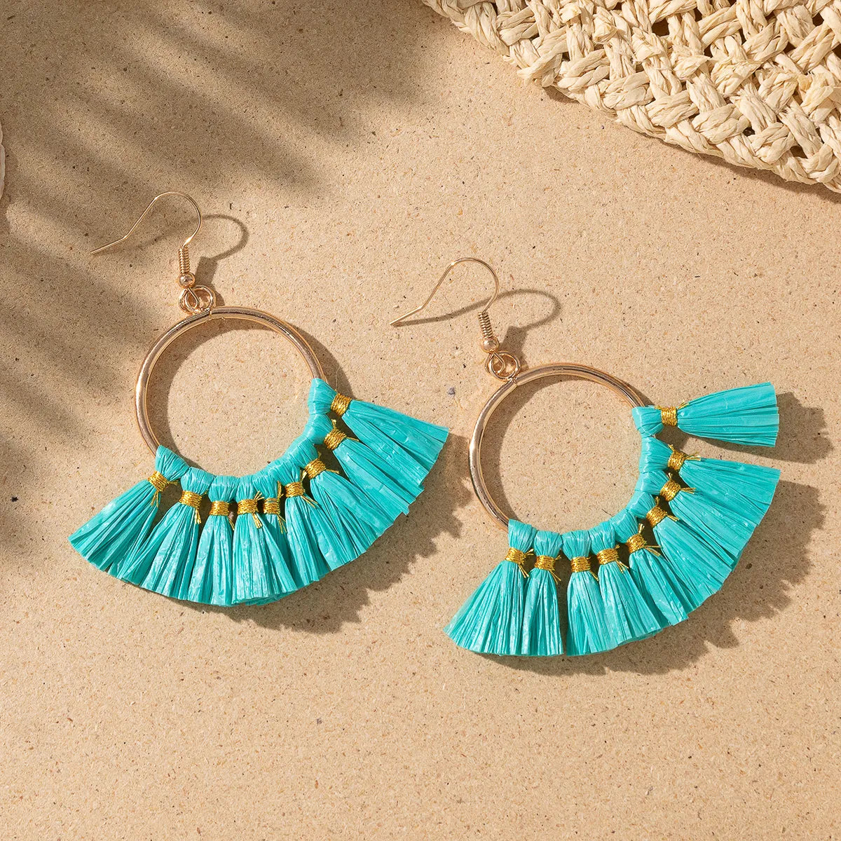 1 Pair Vacation Bohemian Triangle Round Water Droplets Tassel Straw Drop Earrings