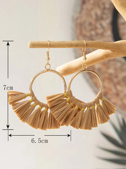 1 Pair Vacation Bohemian Triangle Round Water Droplets Tassel Straw Drop Earrings