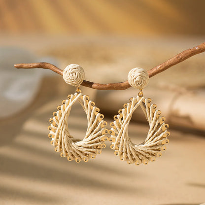 1 Pair Vacation Bohemian Water Droplets Braid Hollow Out Rattan Metal Drop Earrings