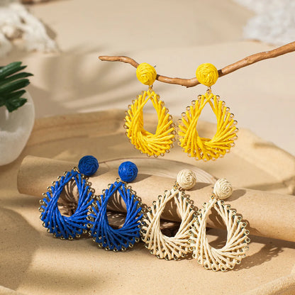 1 Pair Vacation Bohemian Water Droplets Braid Hollow Out Rattan Metal Drop Earrings