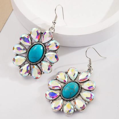 1 Pair Vacation Classic Style Round Heart Shape Inlay Alloy Turquoise Glass Silver Plated Drop Earrings