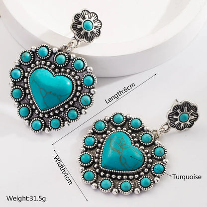 1 Pair Vacation Classic Style Round Heart Shape Inlay Alloy Turquoise Glass Silver Plated Drop Earrings