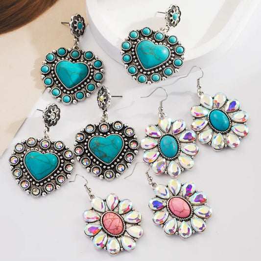 1 Pair Vacation Classic Style Round Heart Shape Inlay Alloy Turquoise Glass Silver Plated Drop Earrings