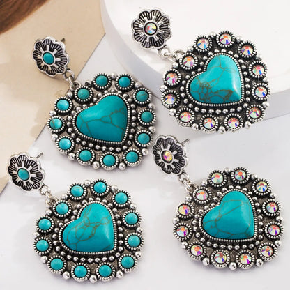 1 Pair Vacation Classic Style Round Heart Shape Inlay Alloy Turquoise Glass Silver Plated Drop Earrings