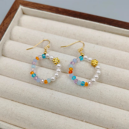 1 Pair Vacation Ethnic Style Geometric Flower Beaded Handmade Artificial Crystal Imitation Pearl Copper Gold Plated Drop Earrings