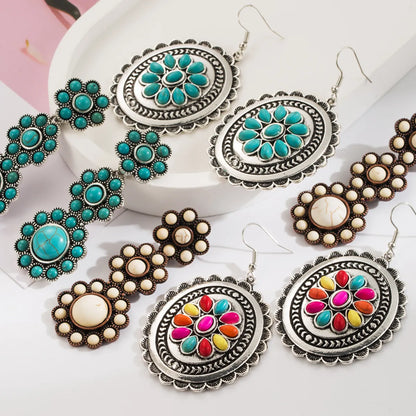 1 Pair Vacation Ethnic Style Oval Inlay Alloy Turquoise Turquoise 14K Gold Plated Drop Earrings