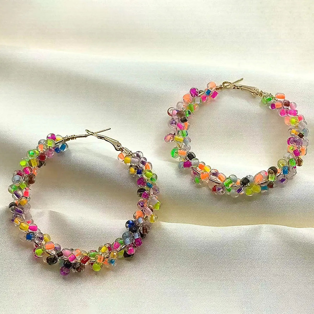 1 Pair Vacation Ethnic Style Round Seed Bead Metal Hoop Earrings