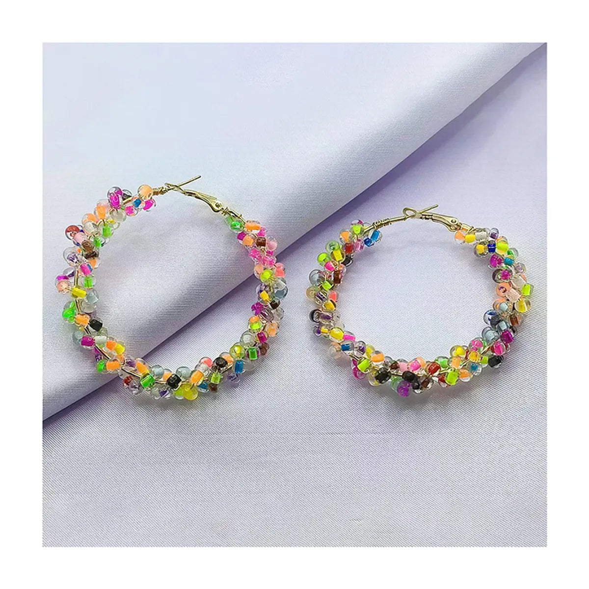 1 Pair Vacation Ethnic Style Round Seed Bead Metal Hoop Earrings