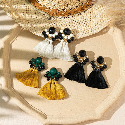 1 Pair Vacation Flower Beaded Tassel Synthetic Fibre Glass Dangling Earrings