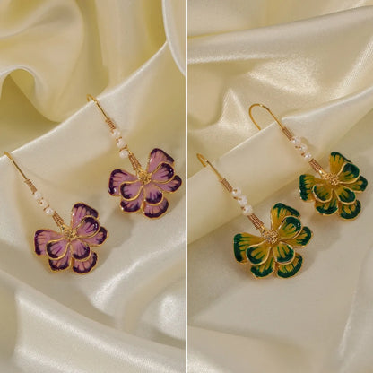 1 Pair Vacation Flower Enamel Inlay Copper Freshwater Pearl 18K Gold Plated Drop Earrings