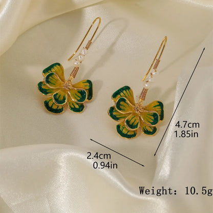 1 Pair Vacation Flower Enamel Inlay Copper Freshwater Pearl 18K Gold Plated Drop Earrings