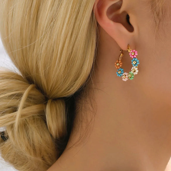 1 Pair Vacation Flower Plating Stainless Steel Plastic 18k Gold Plated Hoop Earrings