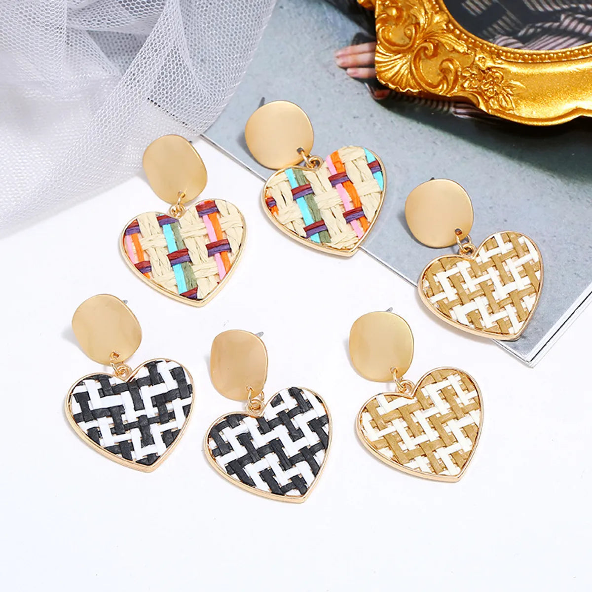 1 Pair Vacation Heart Shape Alloy Straw Drop Earrings