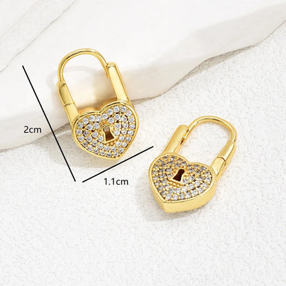 1 Pair Vacation Heart Shape Lock Inlay Copper Zircon 18k Gold Plated Drop Earrings