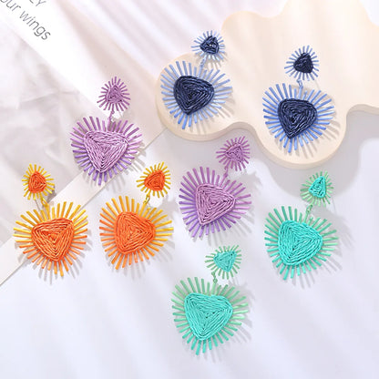 1 Pair Vacation Heart Shape Stoving Varnish Braid Raffia Drop Earrings