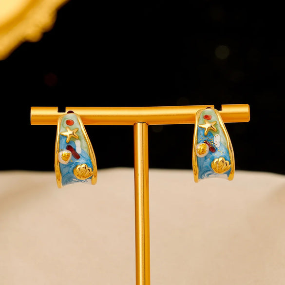 1 Pair Vacation Marine Style Beach Scallop Starfish Epoxy Plating Inlay Copper Freshwater Pearl 18K Gold Plated Ear Studs
