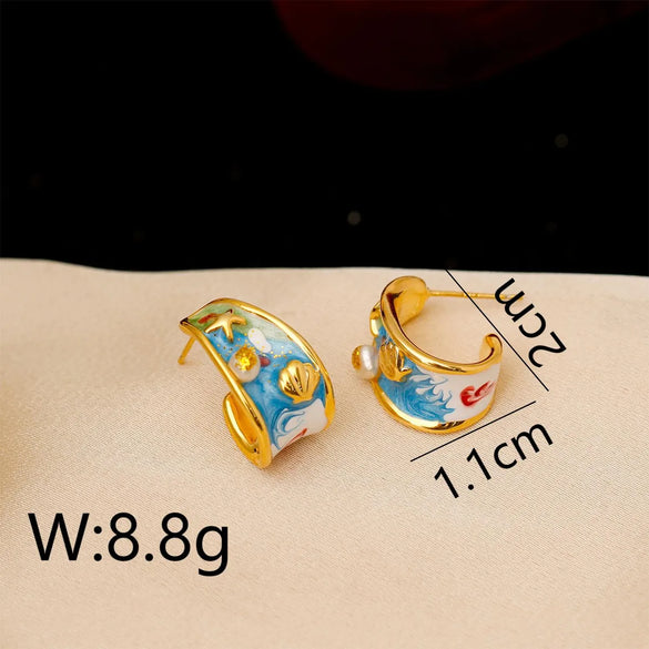 1 Pair Vacation Marine Style Beach Scallop Starfish Epoxy Plating Inlay Copper Freshwater Pearl 18K Gold Plated Ear Studs