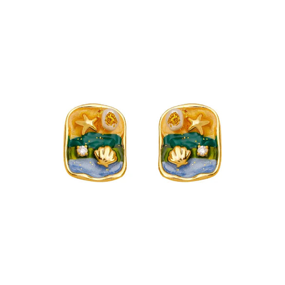 1 Pair Vacation Marine Style Beach Starfish Shell Epoxy Plating Inlay Copper Freshwater Pearl Copper Zircon 18K Gold Plated Ear Studs