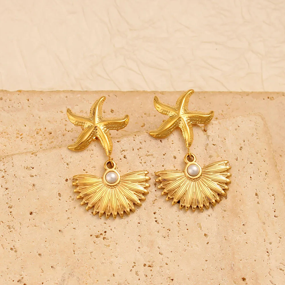 1 Pair Vacation Marine Style Starfish Shell 304 Stainless Steel 316 Stainless Steel  Drop Earrings