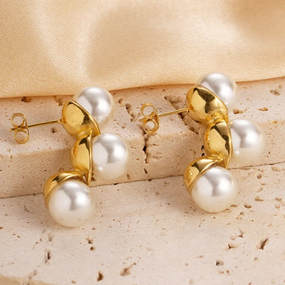 1 Pair Vacation Modern Style C Shape Square Plating Inlay Stainless Steel Artificial Pearls Gold Plated Earrings