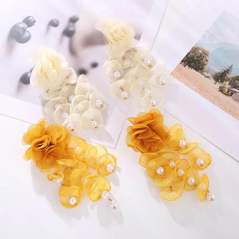 1 Pair Vacation Modern Style Classic Style Flower Imitation Pearl Gauze Drop Earrings