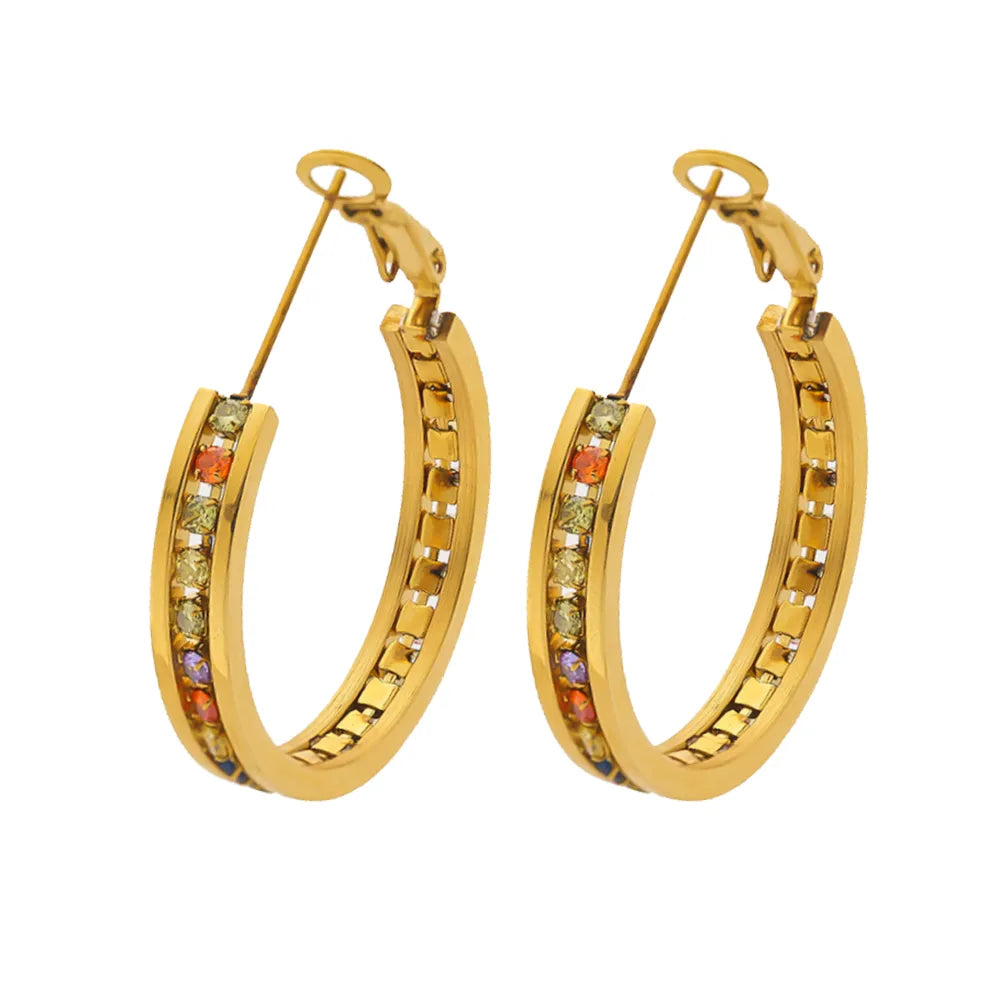 1 Pair Vacation Modern Style Classic Style Geometric Plating Inlay Titanium Steel Rhinestones Zircon 18K Gold Plated Hoop Earrings