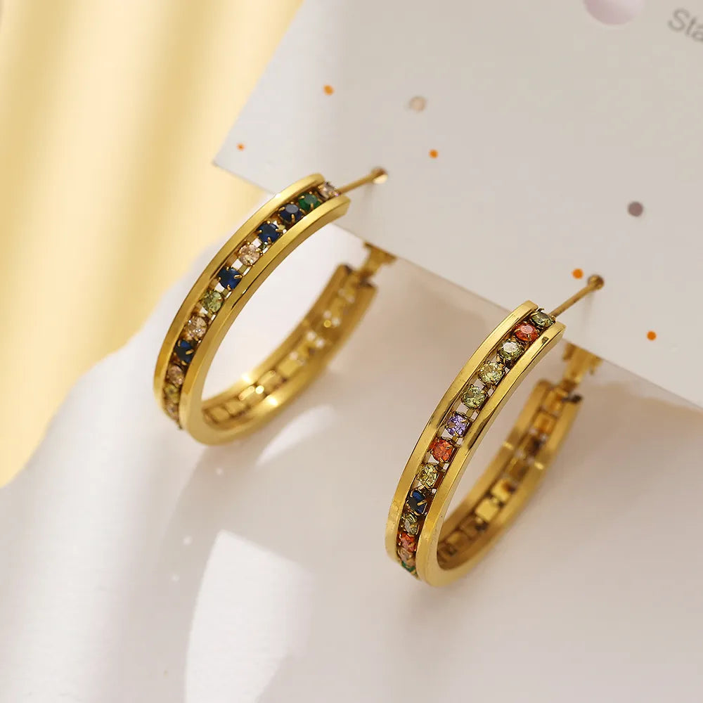 1 Pair Vacation Modern Style Classic Style Geometric Plating Inlay Titanium Steel Rhinestones Zircon 18K Gold Plated Hoop Earrings