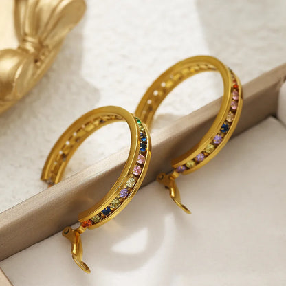 1 Pair Vacation Modern Style Classic Style Geometric Plating Inlay Titanium Steel Rhinestones Zircon 18K Gold Plated Hoop Earrings