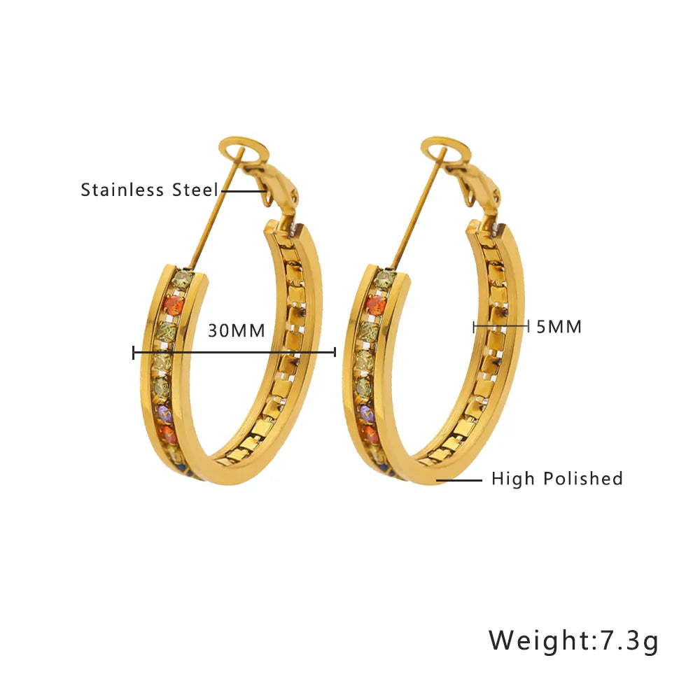 1 Pair Vacation Modern Style Classic Style Geometric Plating Inlay Titanium Steel Rhinestones Zircon 18K Gold Plated Hoop Earrings