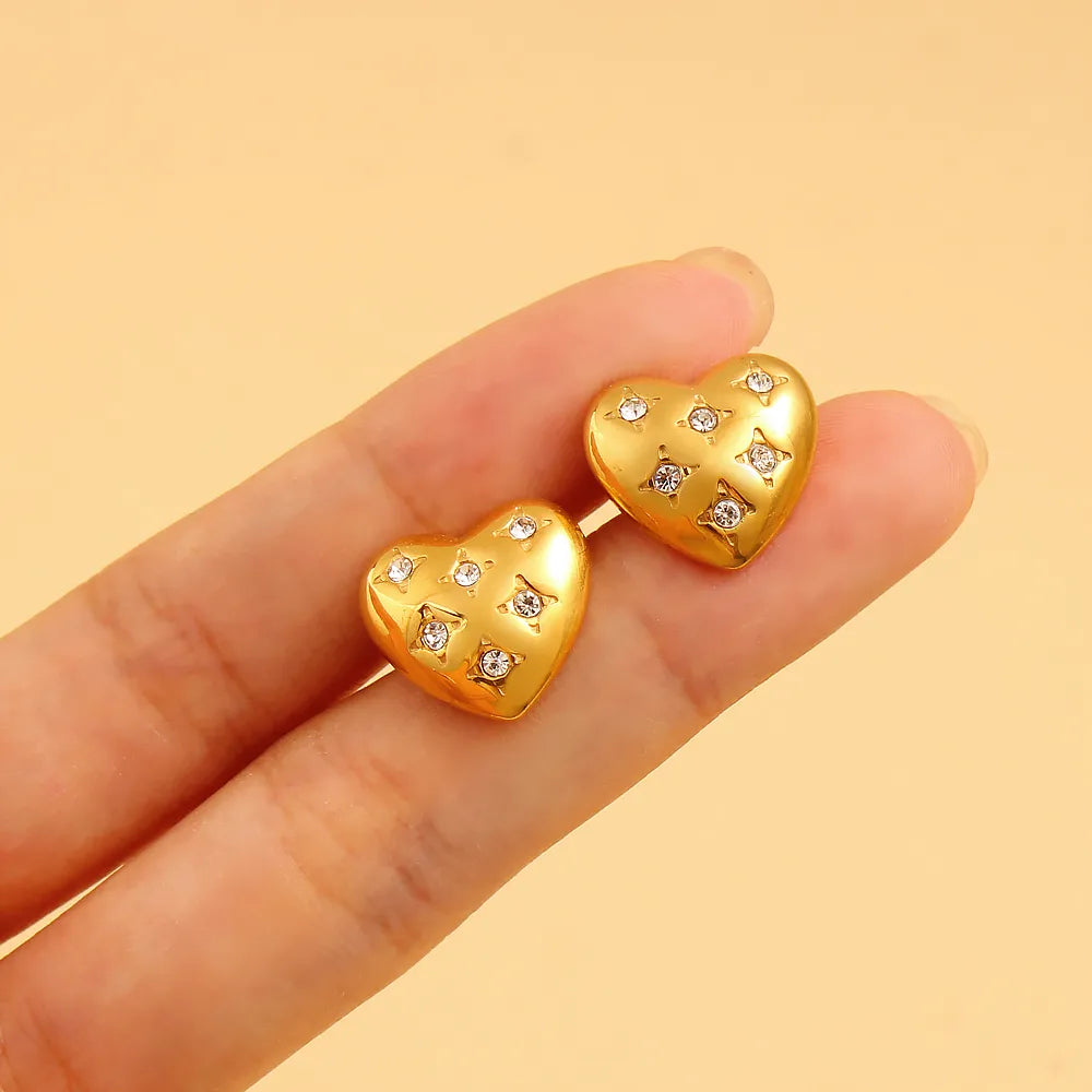 1 Pair Vacation Simple Style Commute Heart Shape Inlay 304 Stainless Steel 316 Stainless Steel  Rhinestones 18K Gold Plated Ear Studs